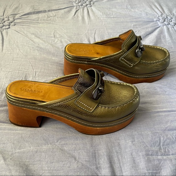 SOLD! Coach Adrienne Leather Wood Clog Mules 💚 - Picture 5 of 13